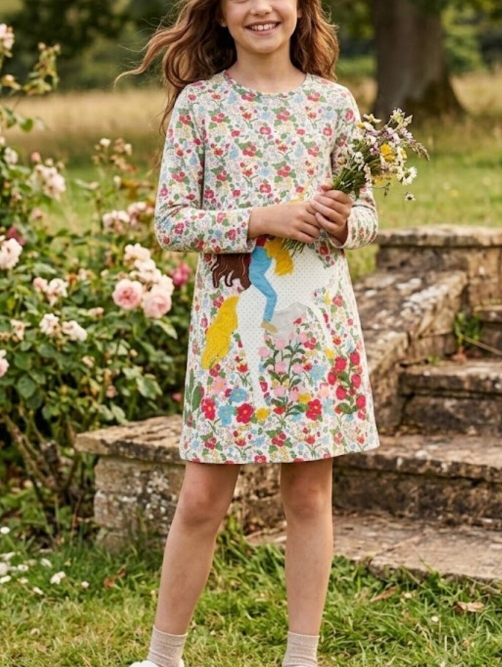 MINI BODEN Girls Floral Unicorn Ride Patch Dress 9-10Y